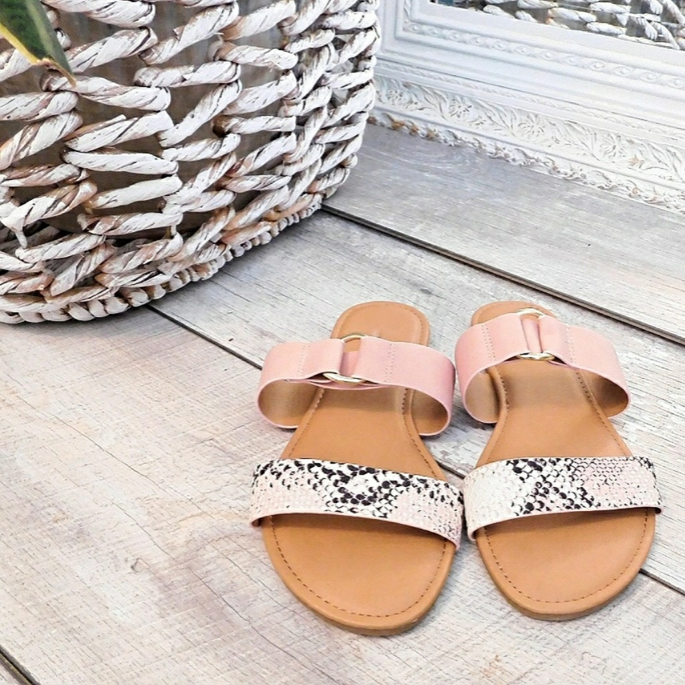 SALE-NIB-SNAKE & PINK LTHR 2 STRAP RING SLIP ONS - Picture 5 of 7